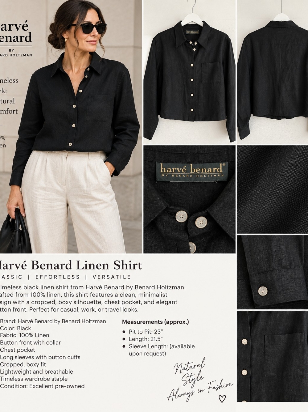 Harvé Benard Black Linen Look Button Front Shirt Blouse Cropped Boxy Fit